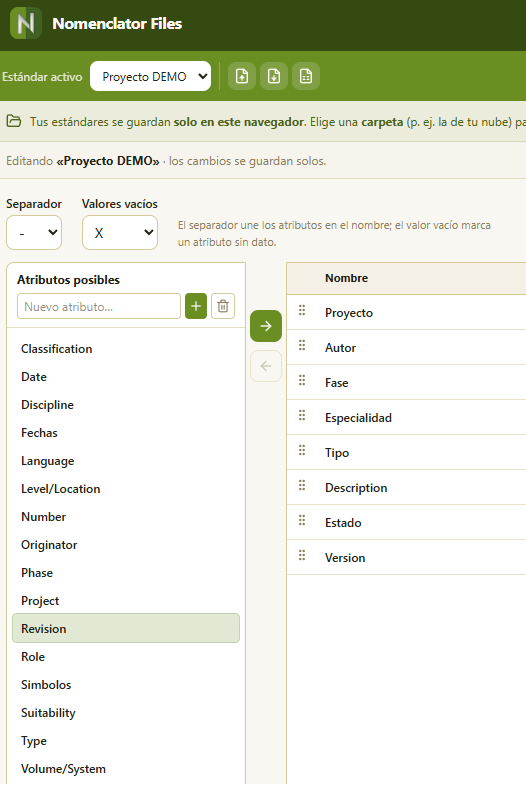 Lista de atributos del estándar en orden: Proyecto, Disciplina, Tipo, Número.