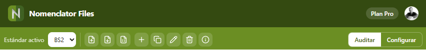 Pestaña Configurar con el selector de estándar activo y los botones de crear, duplicar, renombrar y borrar.