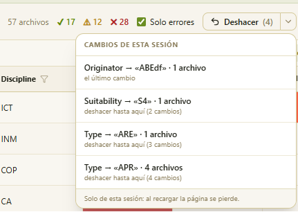 Botón Deshacer con el desplegable del historial de cambios de la sesión.